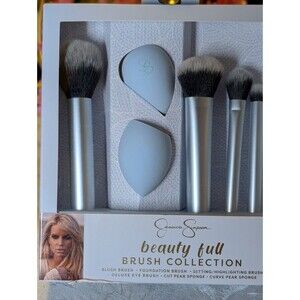 Jessica Simpson Beauty Full Brush Collection 6pc Brushes + Sponges Silver/Blue